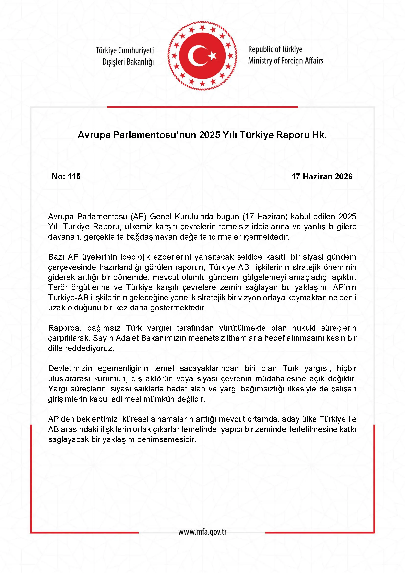 Avrupa Parlamentosu'nun 2025 Türkiye Raporu Yayınlandı