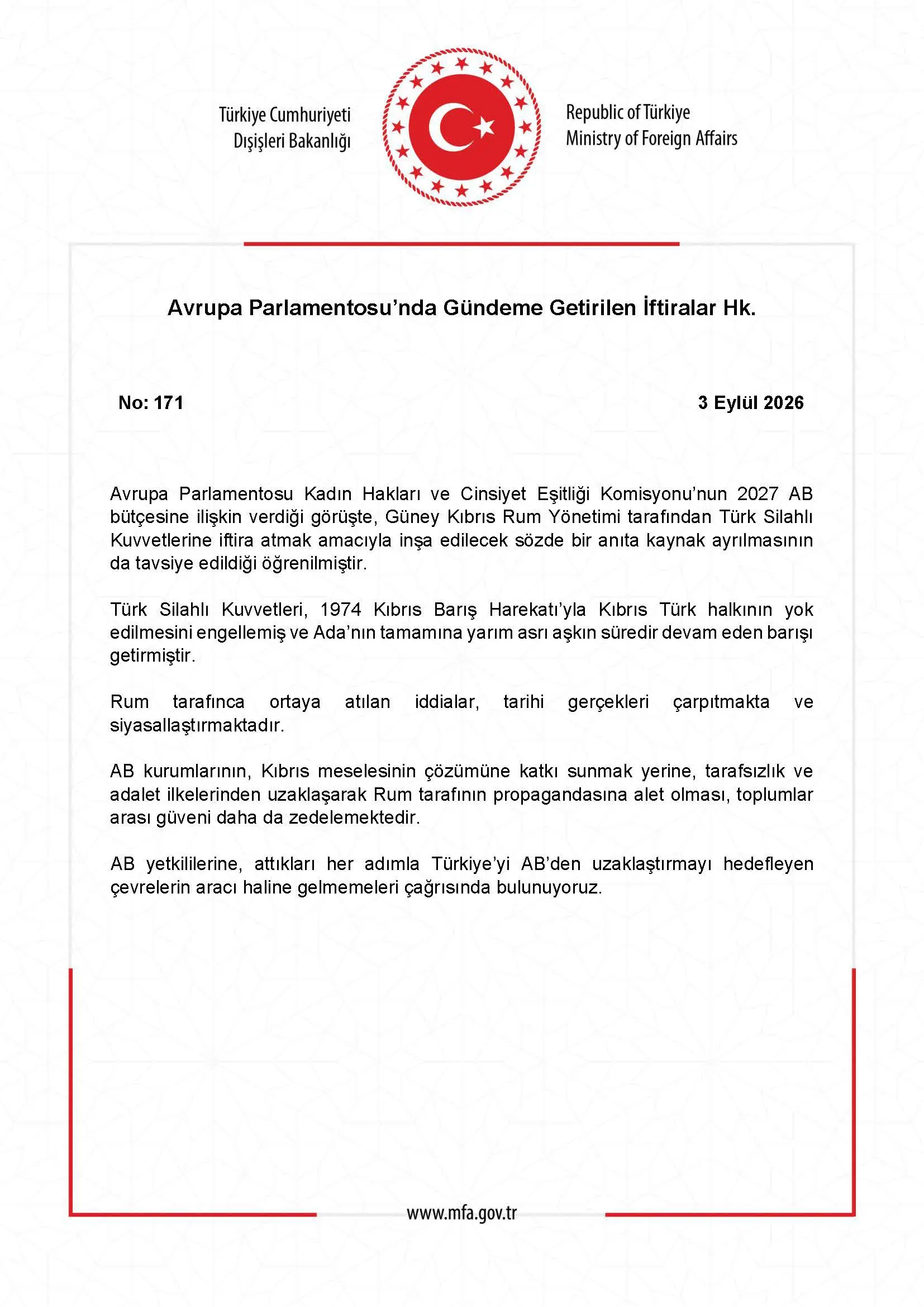 Avrupa Parlamentosu'ndaki İftiralar Üzerine Açıklama