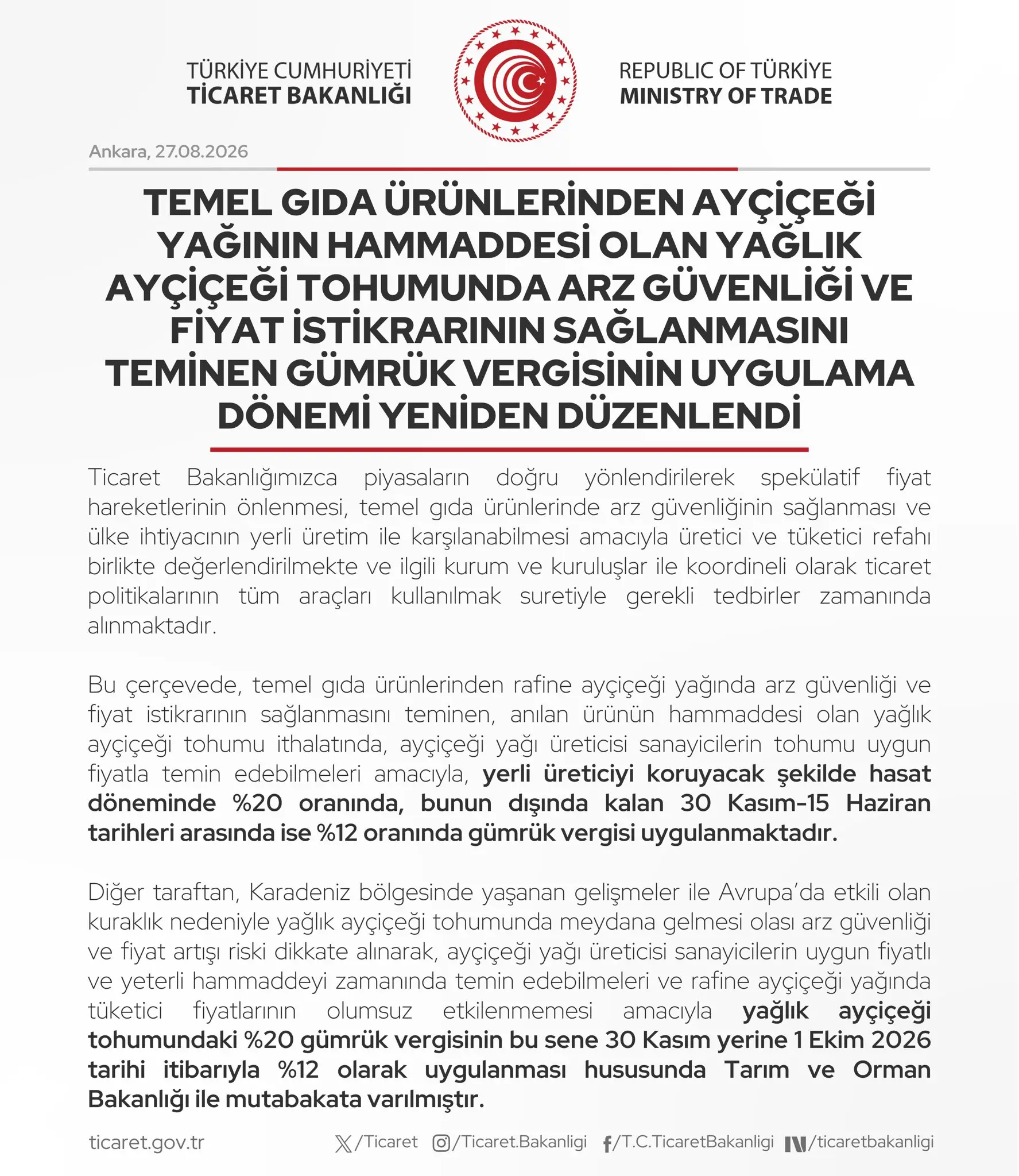 Ayçiçeği yağında gümrük vergisi düzenlemesi yapıldı