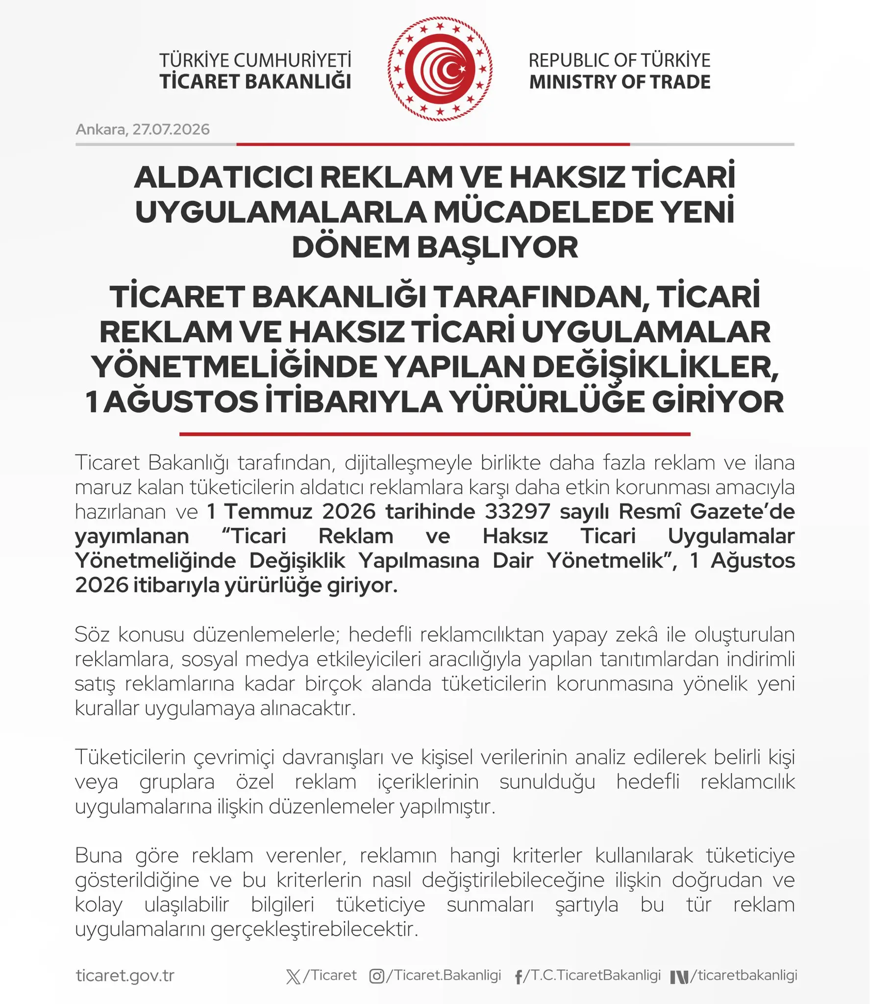 Ticaret Bakanlığı'ndan yeni reklam düzenlemeleri