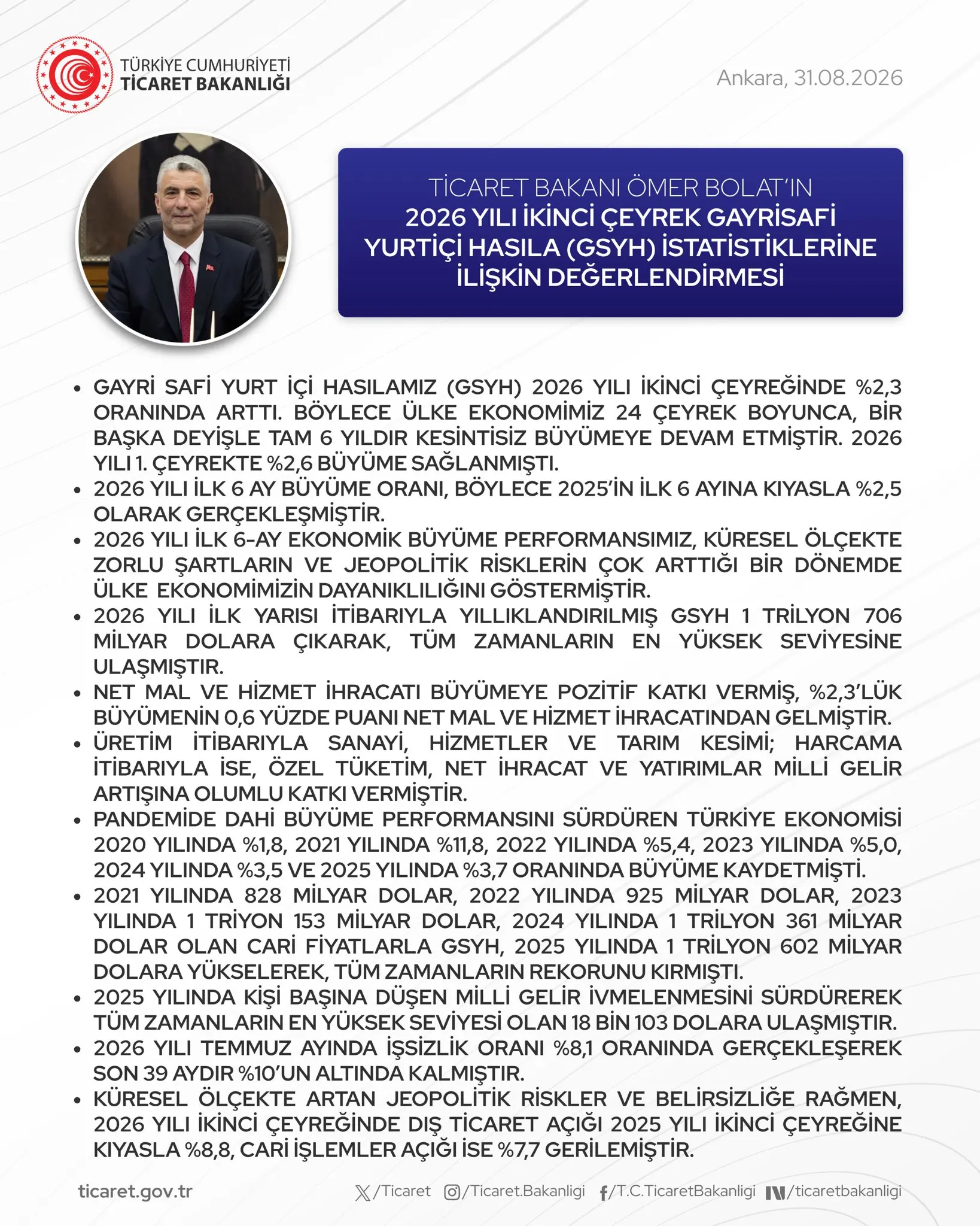 Ömer Bolat 2026 ikinci çeyrek GDP değerlendirmesi yaptı