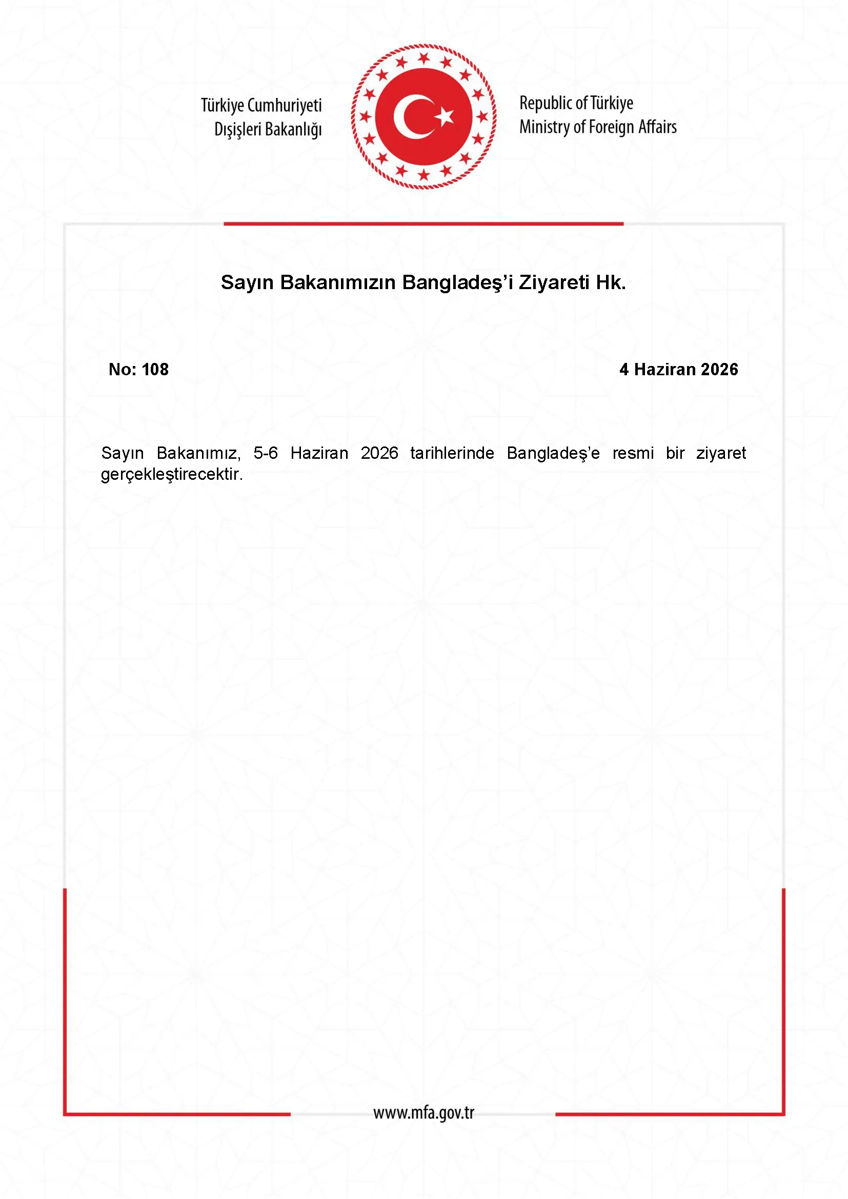Bakan'ın Bangladeş Ziyareti Hakkında Açıklama