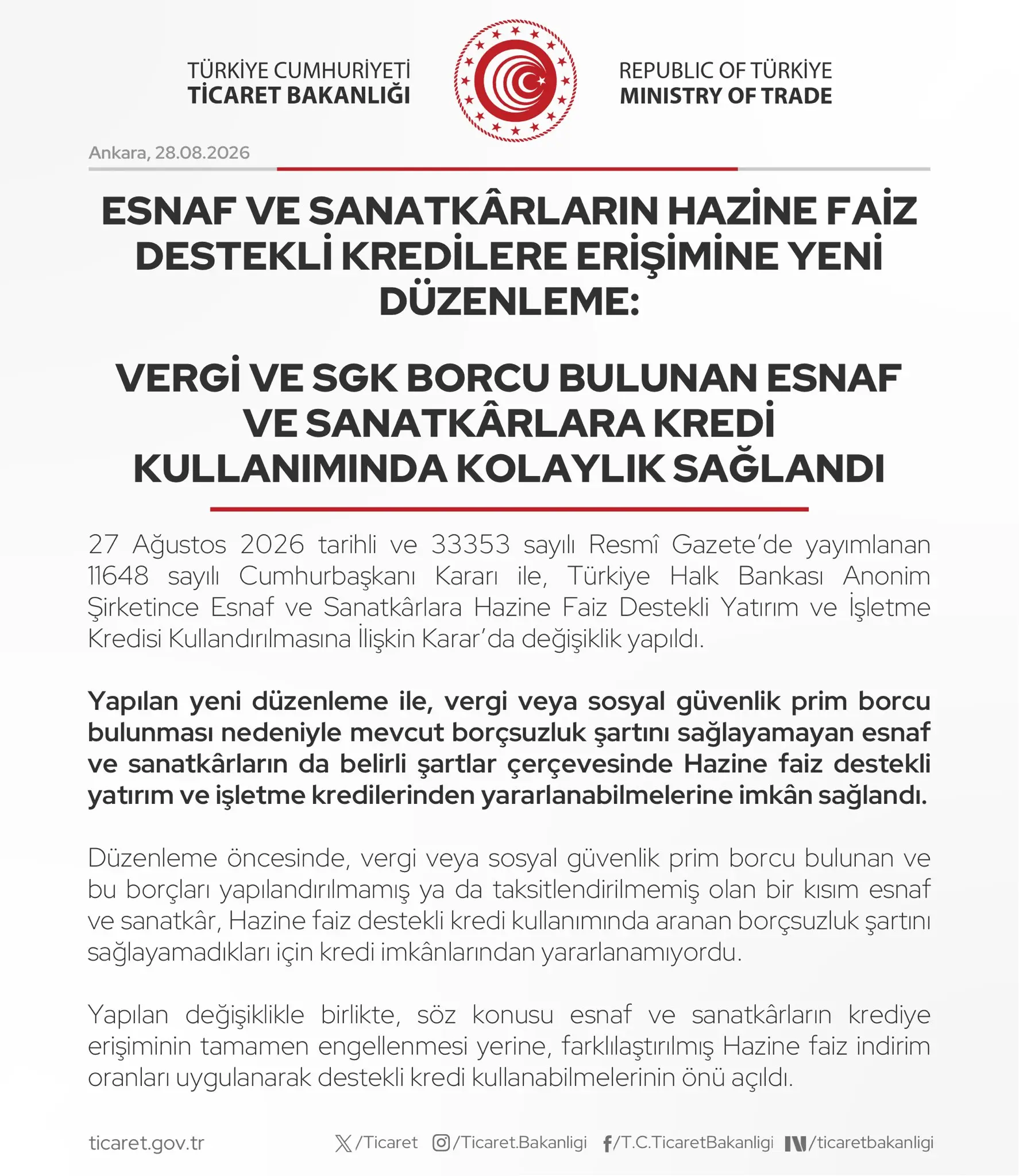 Esnaf ve sanatkârlara kredi erişiminde yeni düzenleme