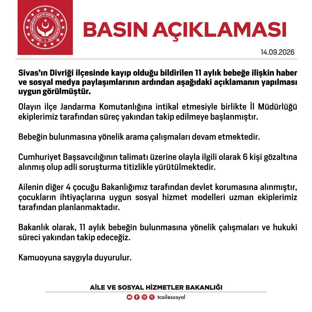 Sivas'ta kaybolan 11 aylık bebekle ilgili açıklama