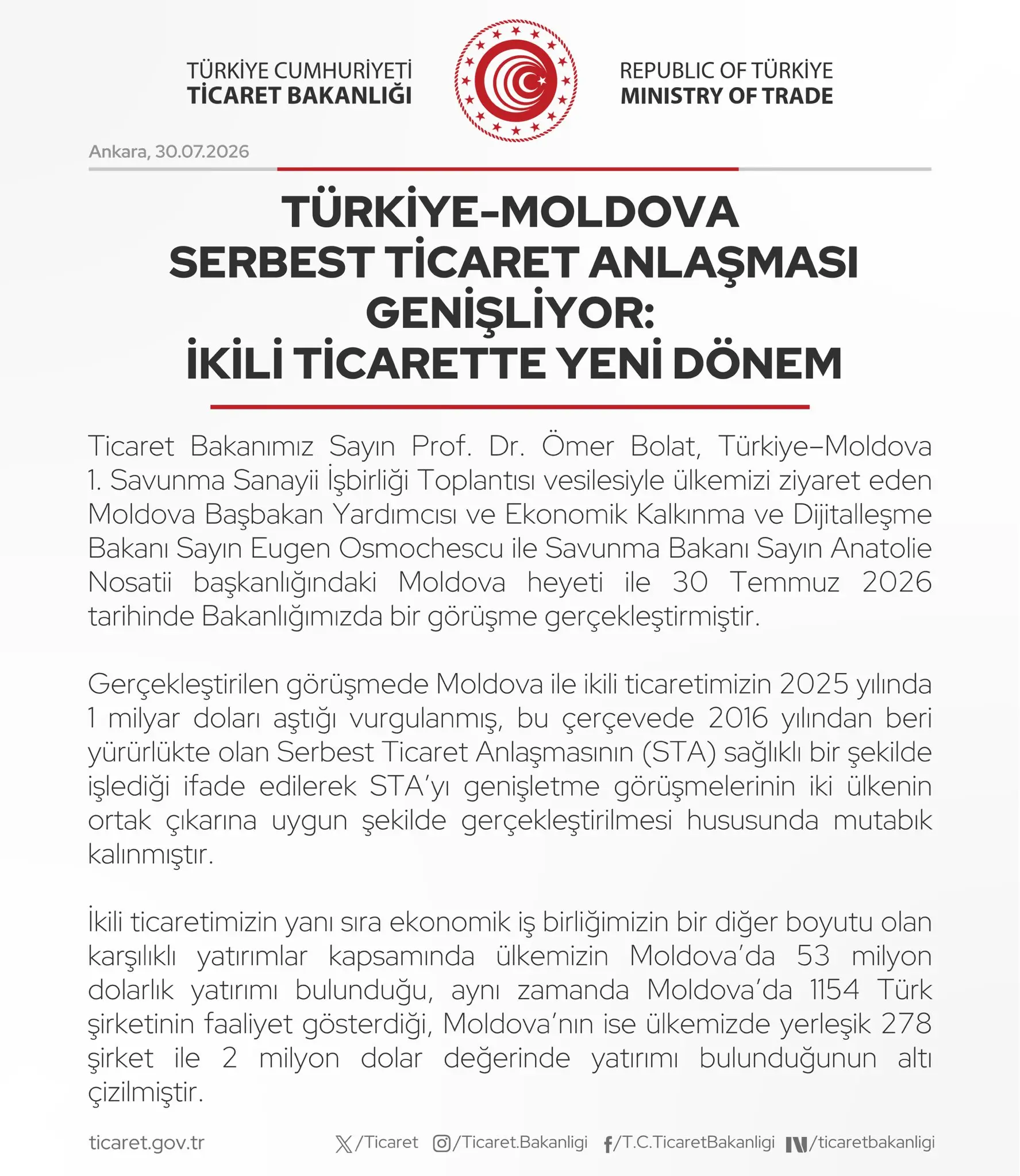 Türkiye-Moldova Serbest Ticaret Anlaşması Genişliyor