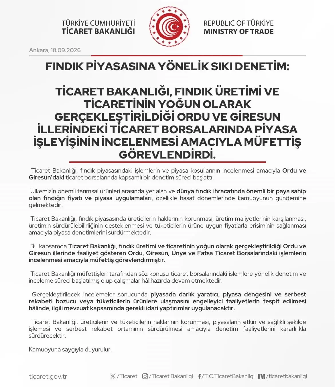 Fındık Pazarında Sıkı Denetim Başlatıldı