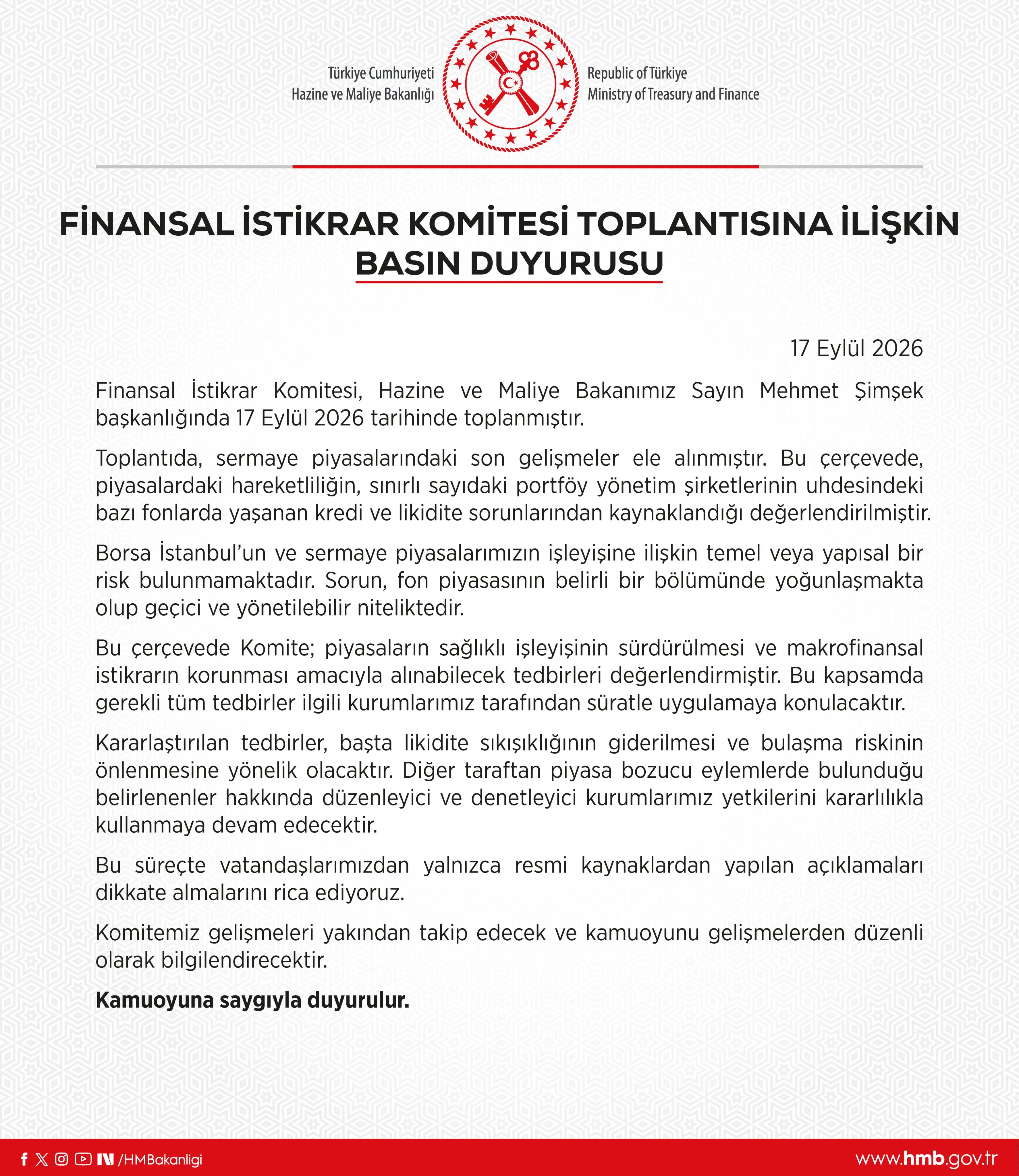 Finansal İstikrar Komitesi Toplantısı Duyurusu