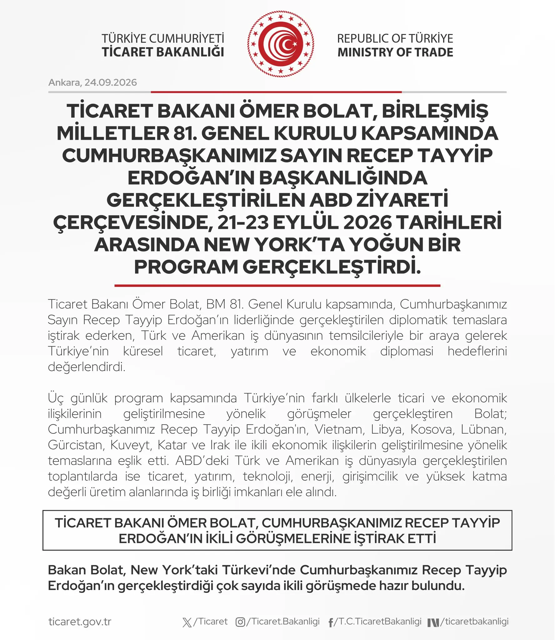 Ticaret Bakanı Bolat, BM Genel Kurulu'nda