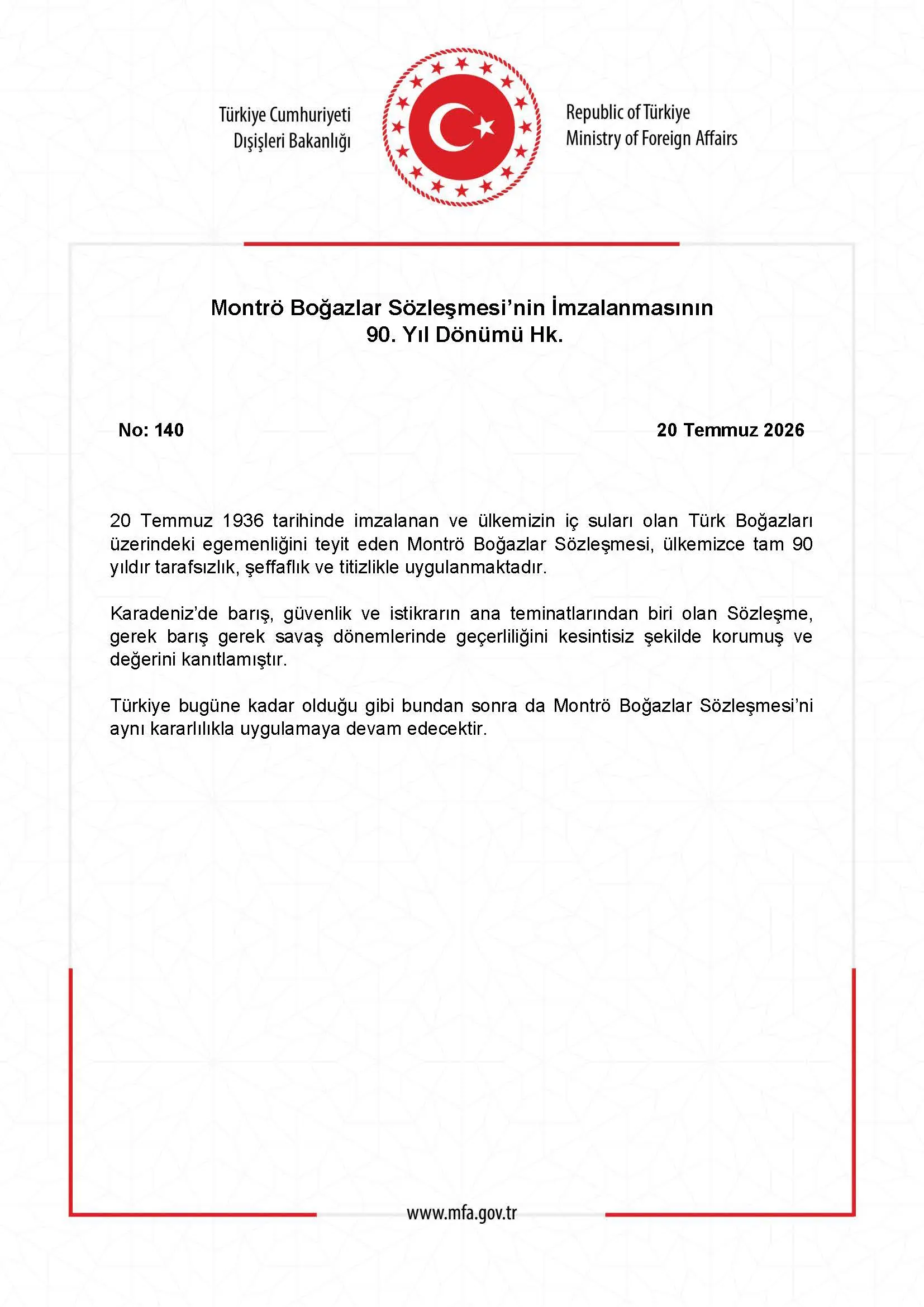 Montreux Boğazlar Sözleşmesi'nin 90. Yıl Dönümü