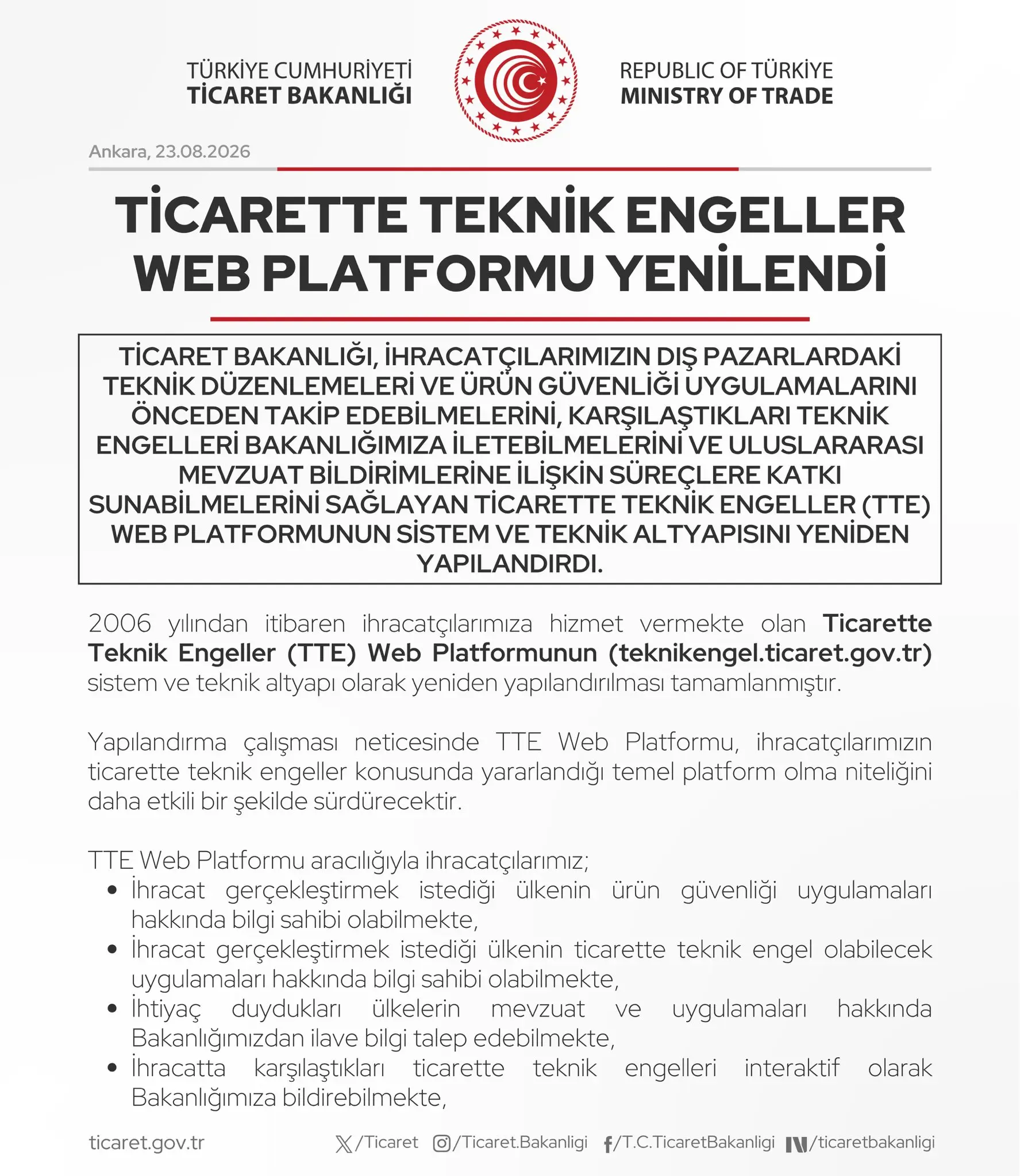 Ticaret Bakanlığı, TTE platformunu yeniledi