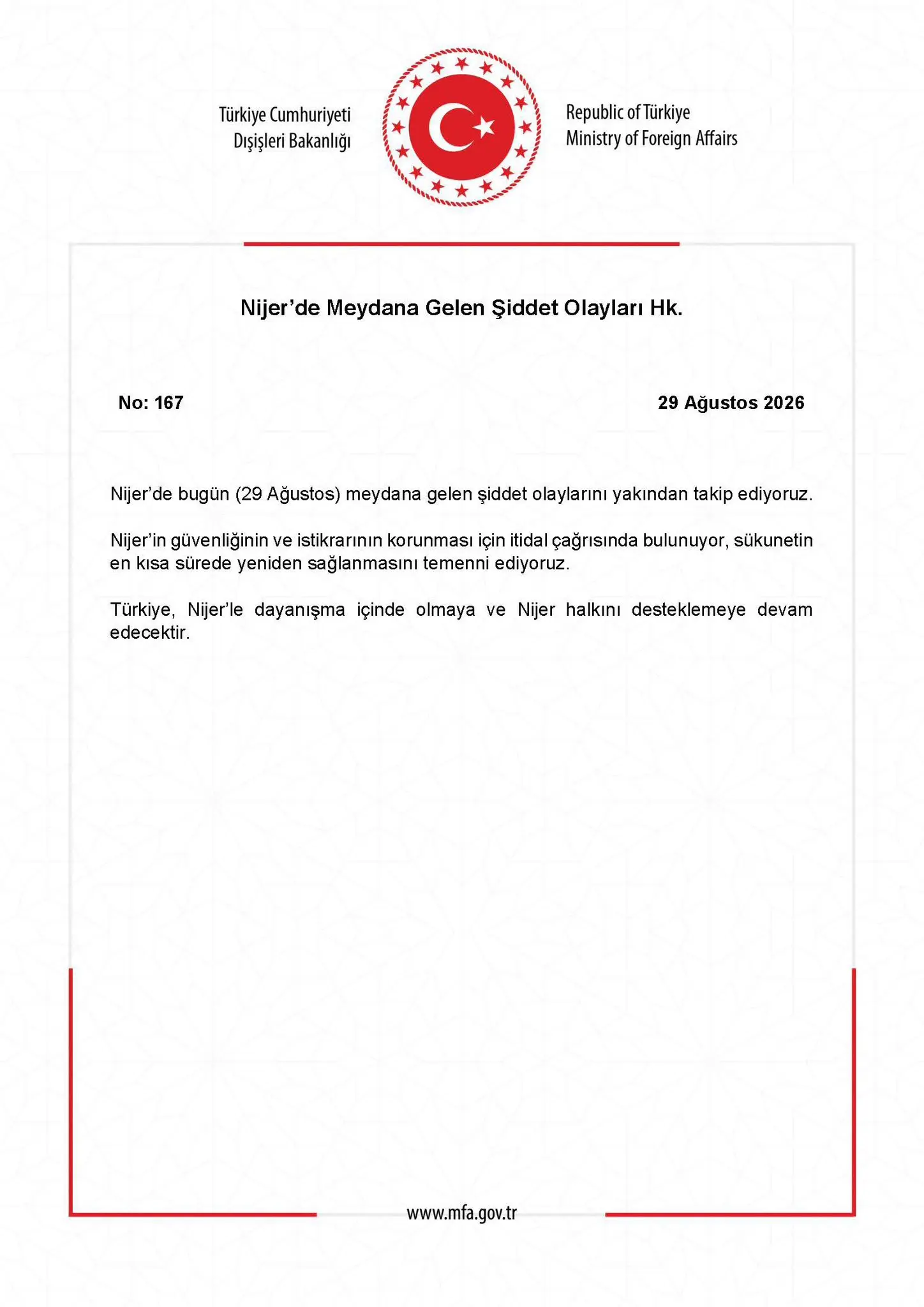 Nijer'de Gerçekleşen Şiddet Olaylarına Dair Açıklama