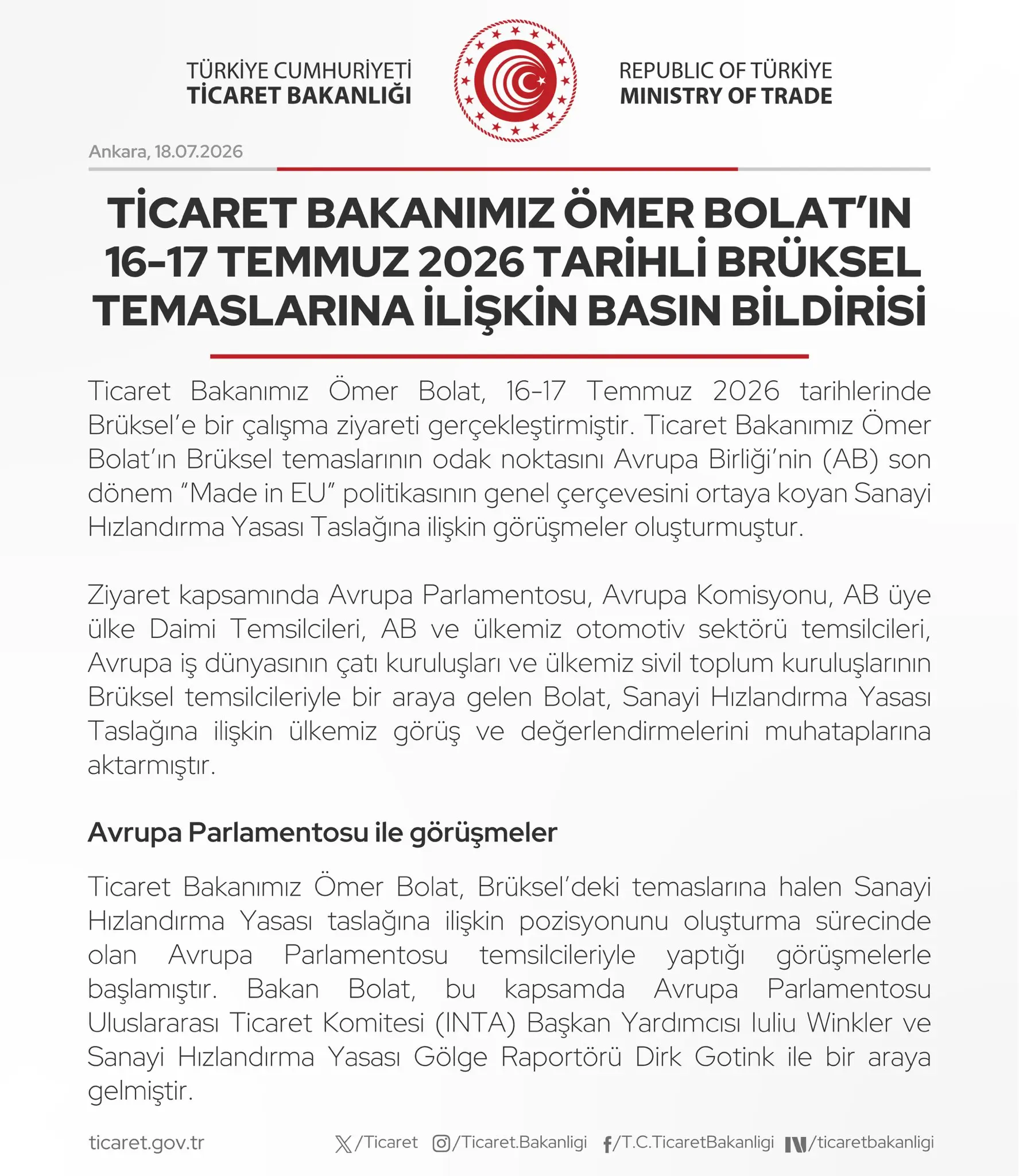 Ömer Bolat'ın Brüksel Temasları Hakkında Açıklama