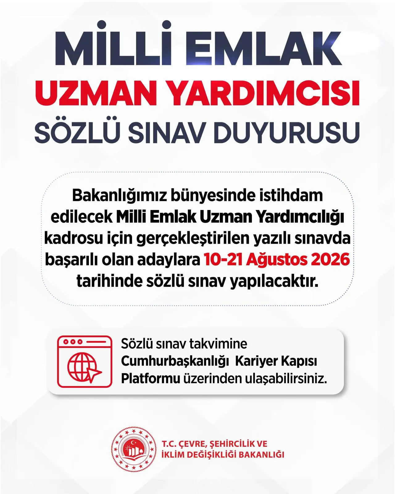 Milli Emlak Uzman Yardımcıları için sözlü sınav tarihi belirlendi