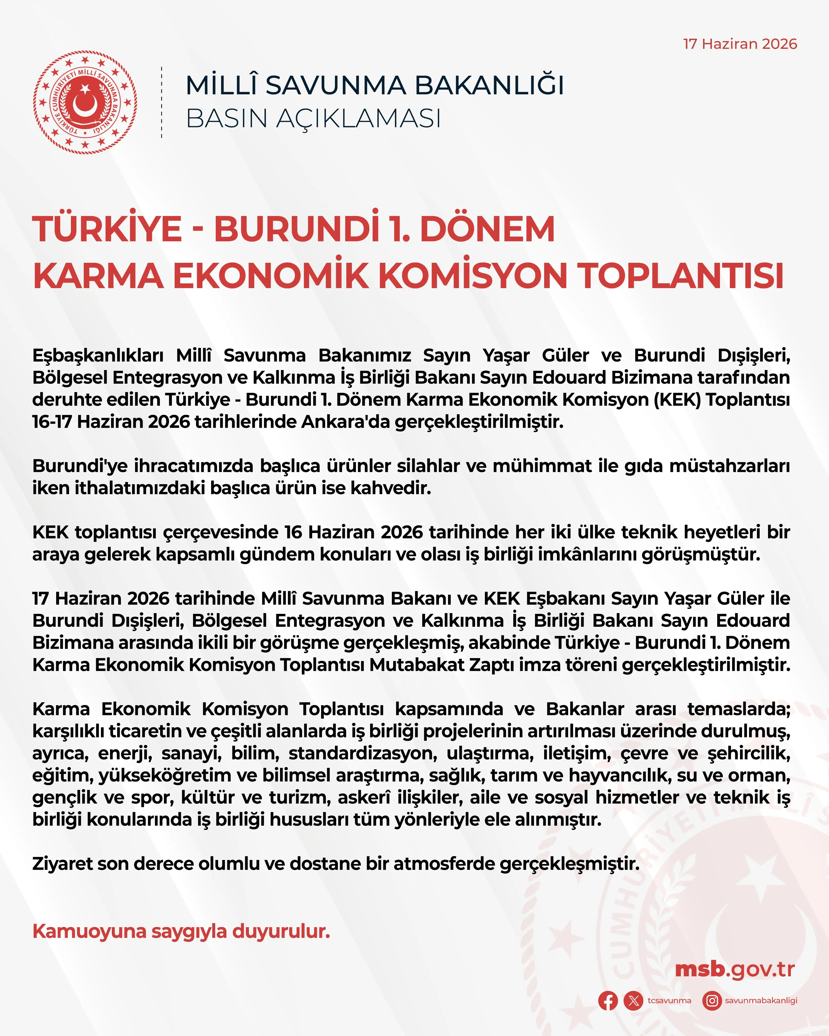 Türkiye ve Burundi Ekonomik Komisyon Toplantısı Gerçekleşti