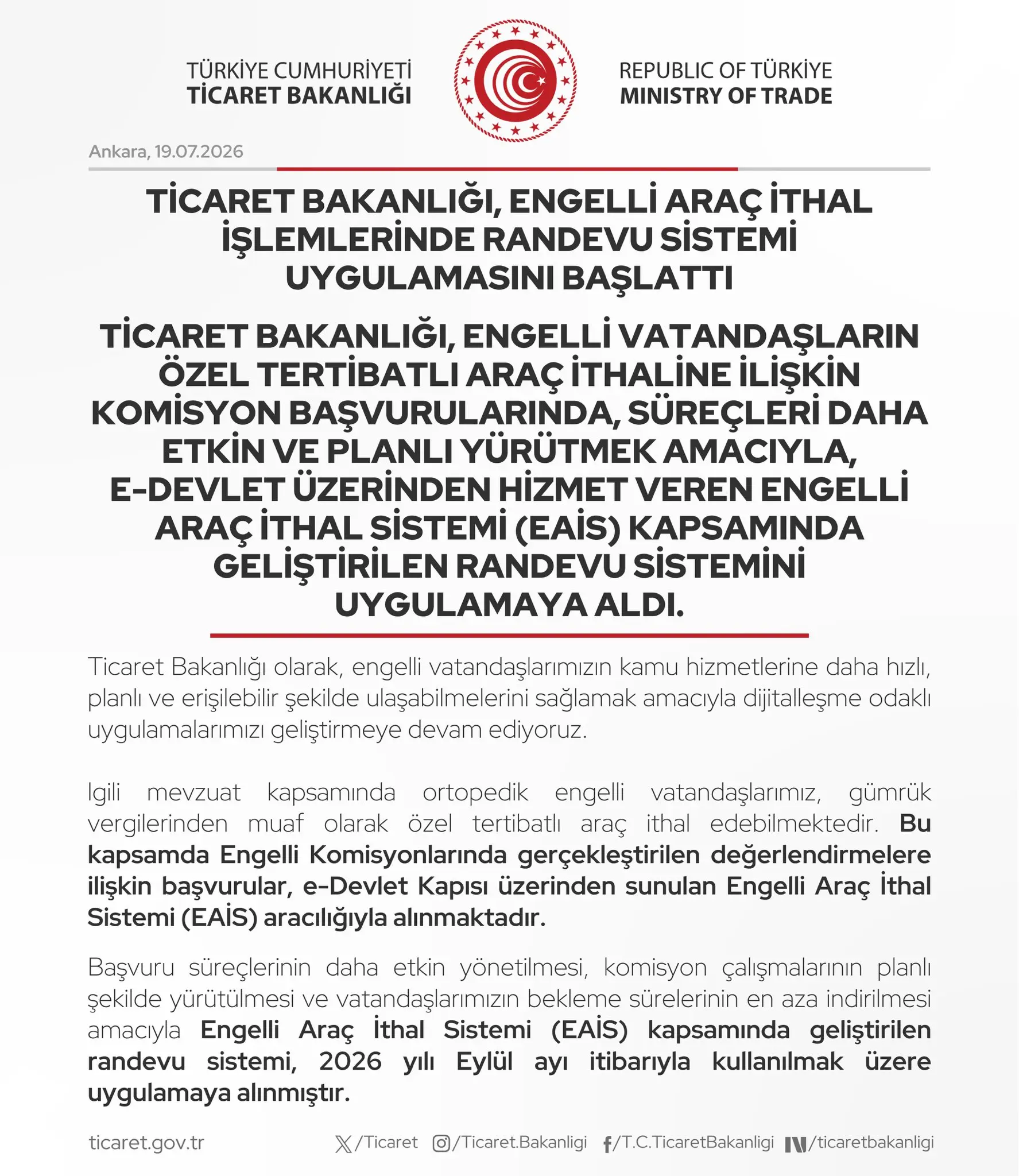 Engelliler için araç ithalatı randevu sistemi başlatıldı