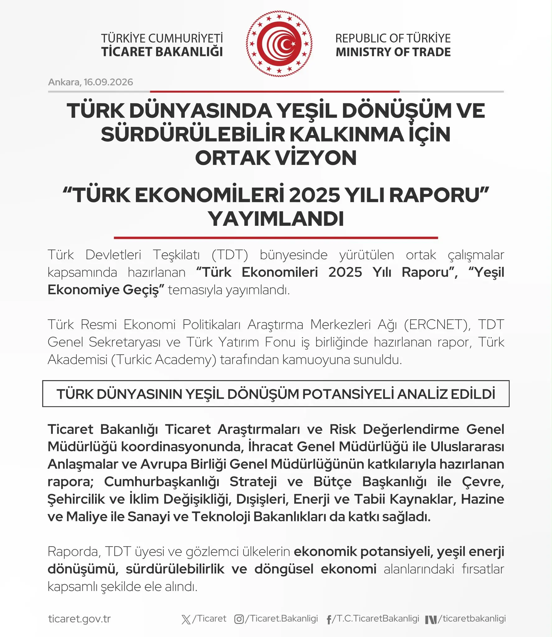 Türk Dünyası için Yeşil Dönüşüm Raporu Yayınlandı