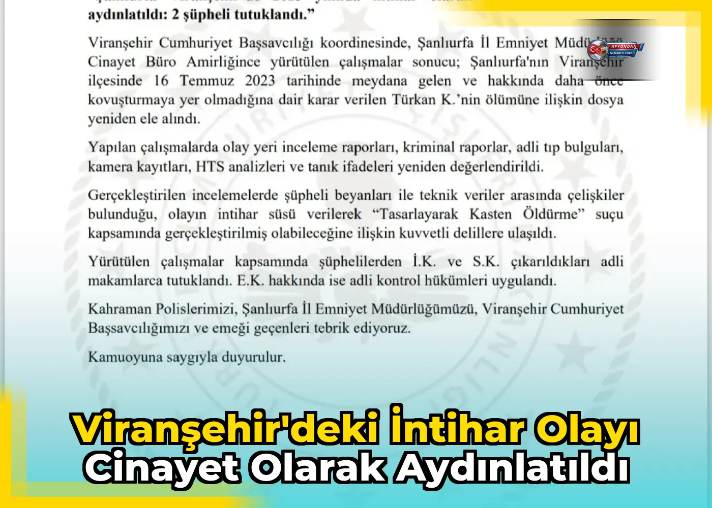 Viranşehir'deki intihar olayı cinayet olarak aydınlatıldı
