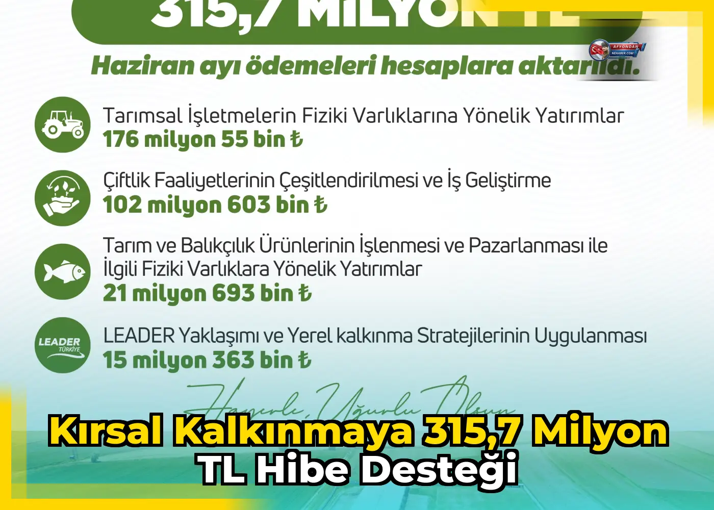 Kırsal kalkınmaya 315,7 milyon TL hibe desteği