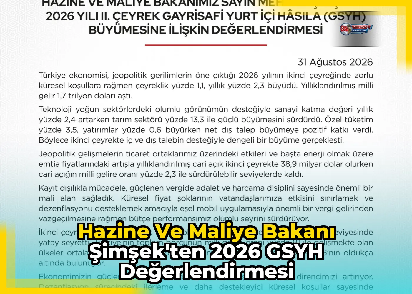 Hazine ve Maliye Bakanı Şimşek'ten 2026 GSYH Değerlendirmesi
