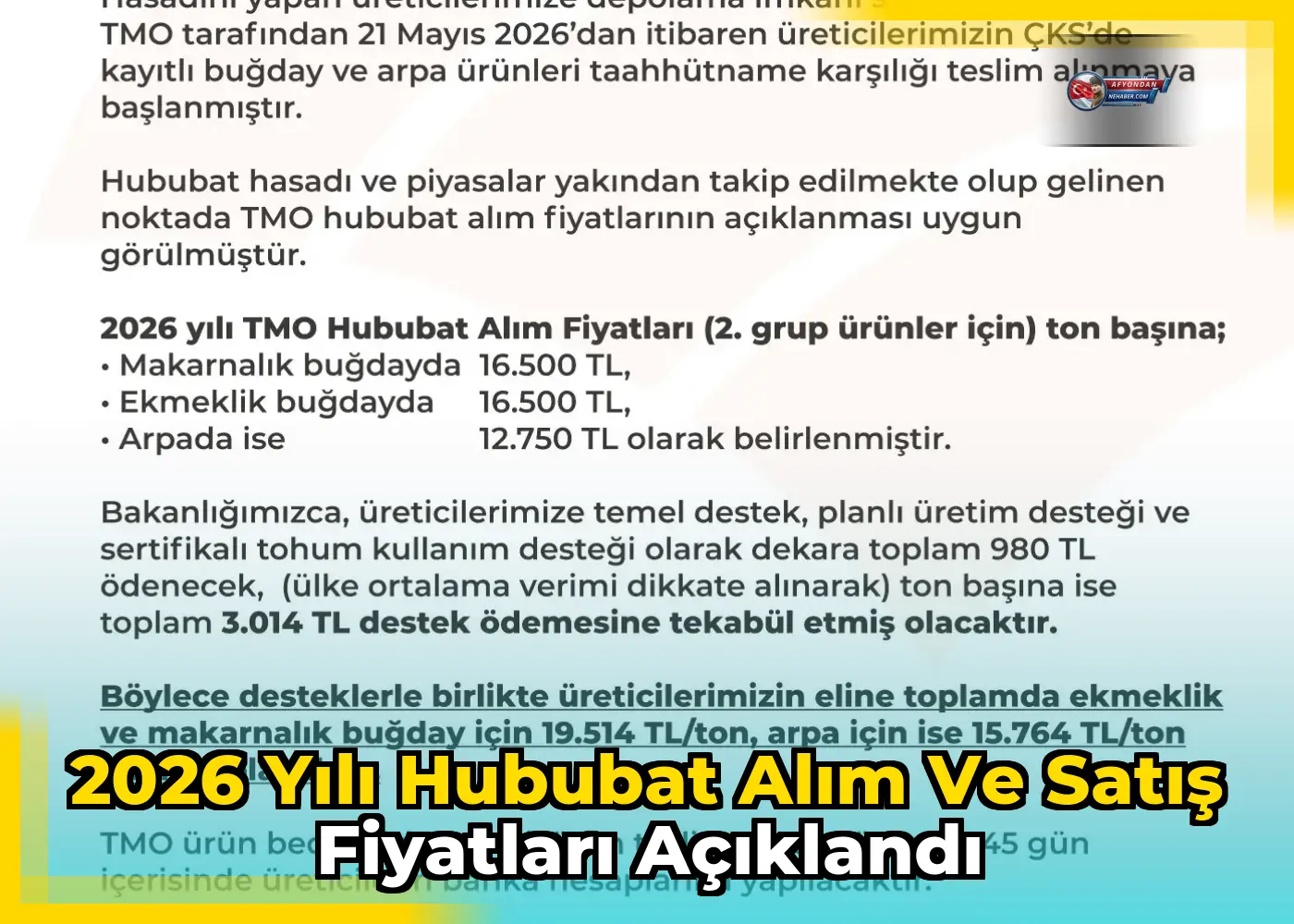 2026 yılı hububat alım ve satış fiyatları açıklandı