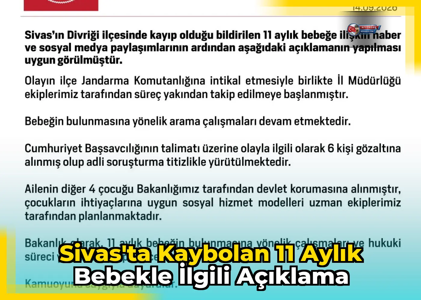 Sivas'ta kaybolan 11 aylık bebekle ilgili açıklama