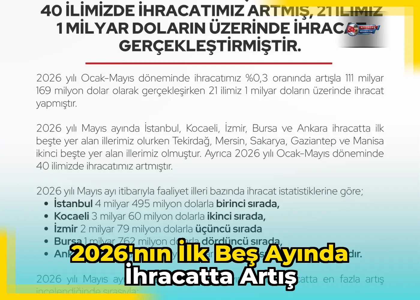 2026'nın ilk beş ayında ihracatta artış
