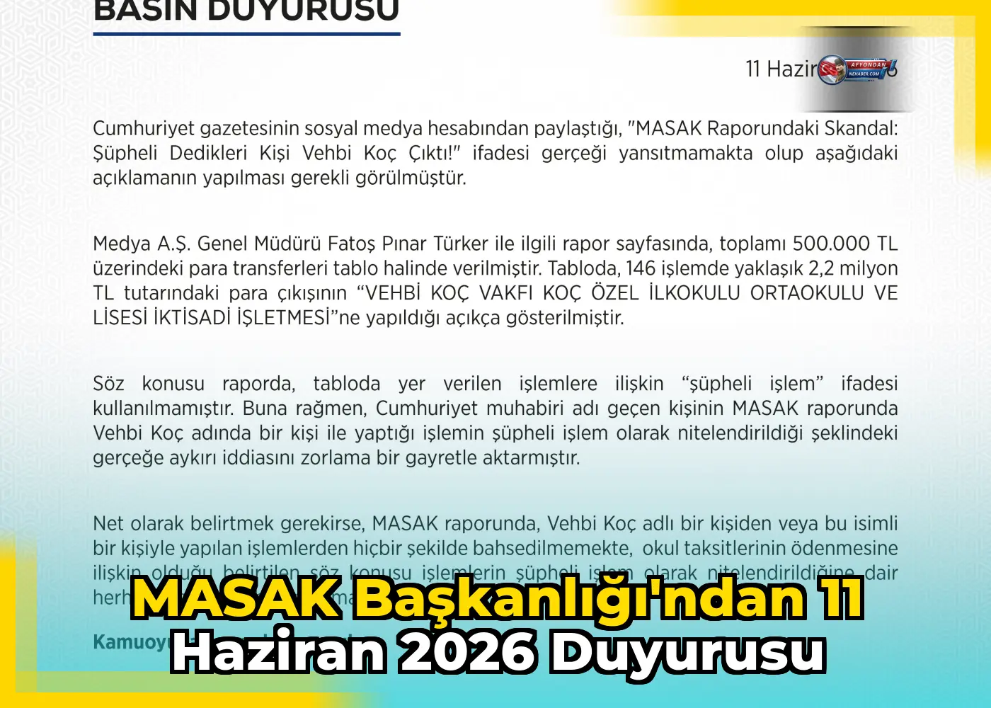 MASAK Başkanlığı'ndan 11 Haziran 2026 Duyurusu
